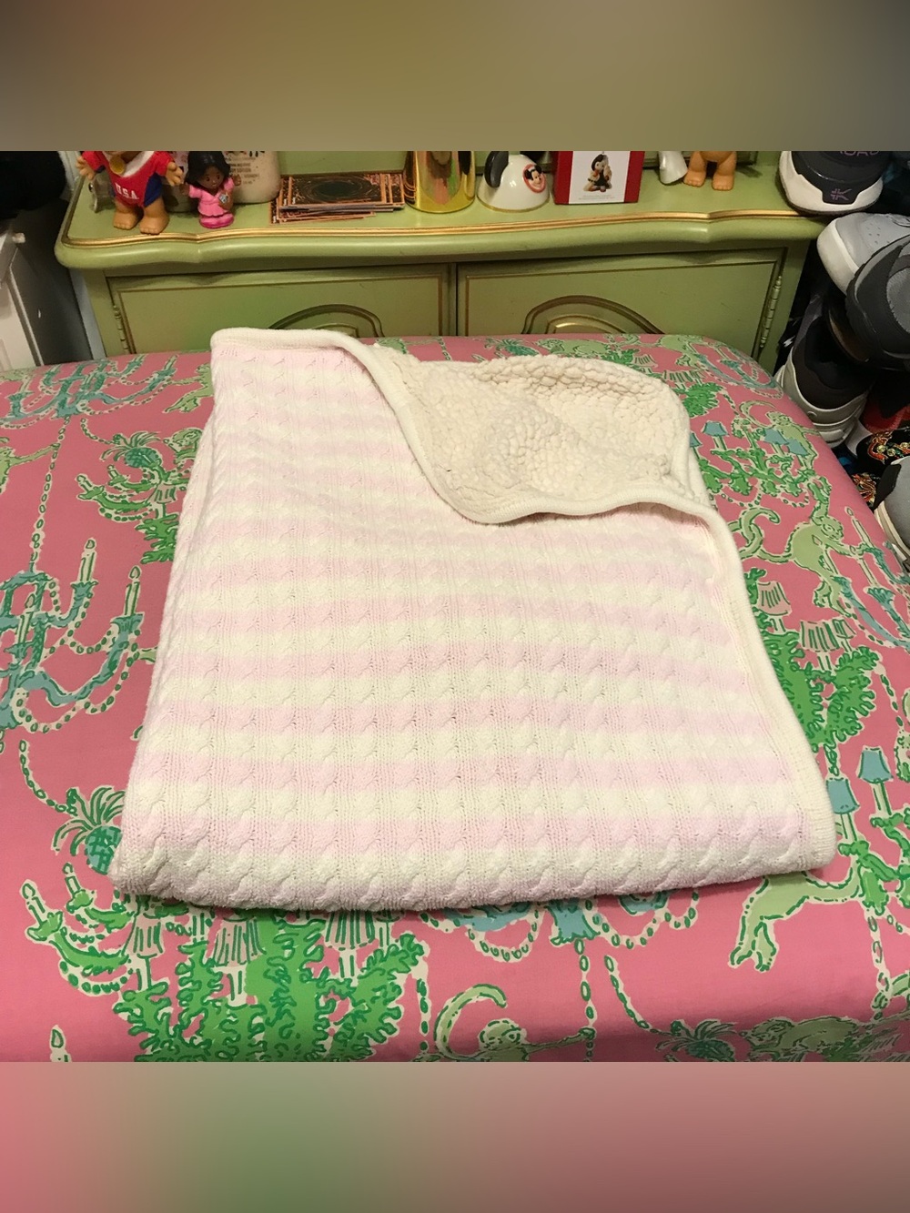 Pottery Barn kids Pink and White Cable Knit Sherpa Baby Blanket